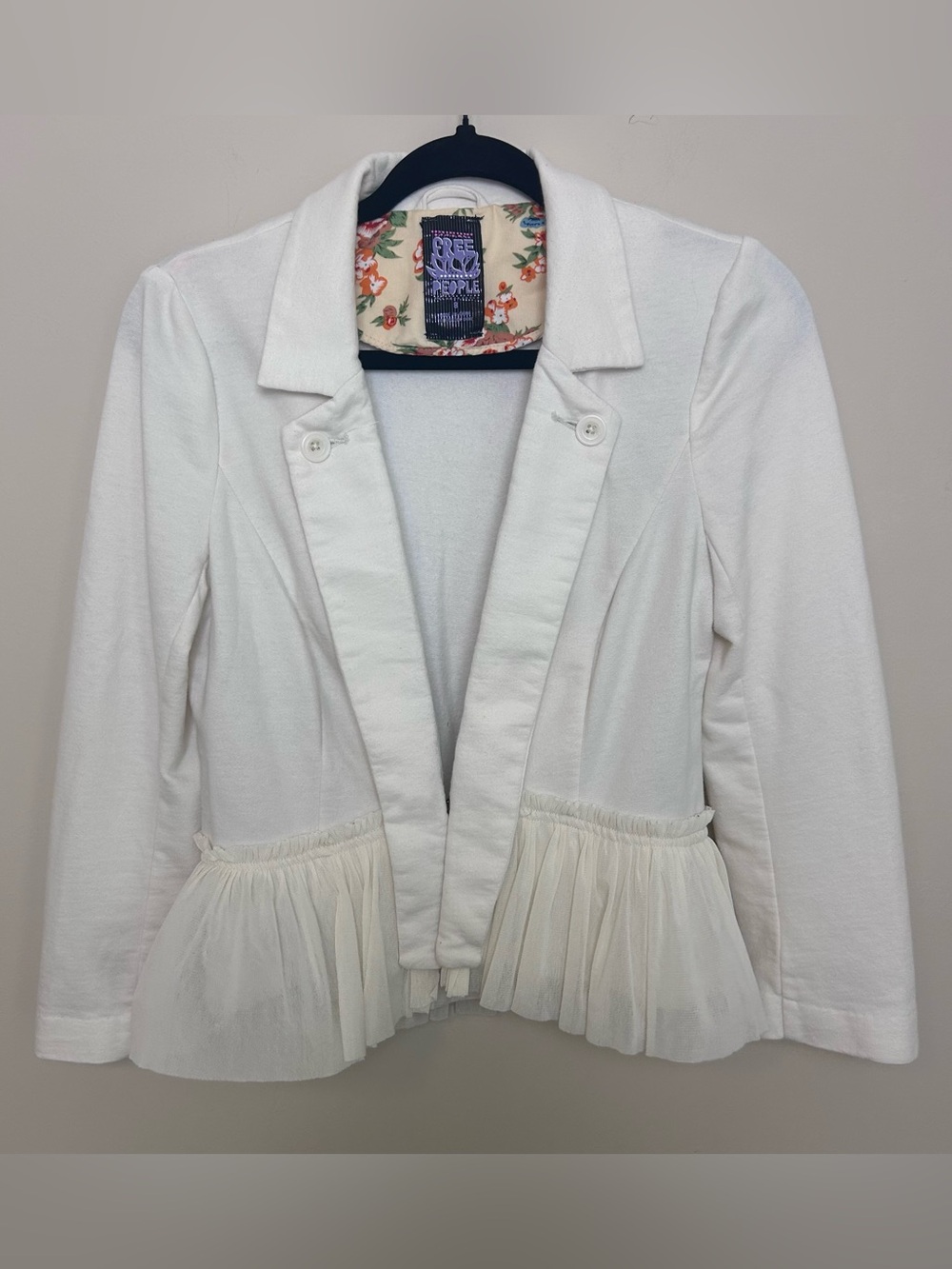 Free People Cream Peplum Blazer with Ruffle Trim